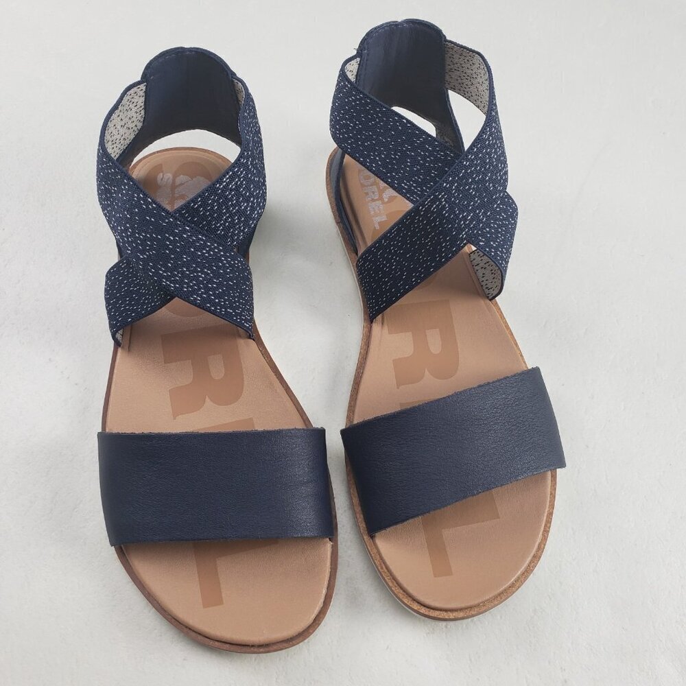Sorel Ella II Strappy Sandal Womens 8.5 Blue Leather Slip On Open Toe Flat